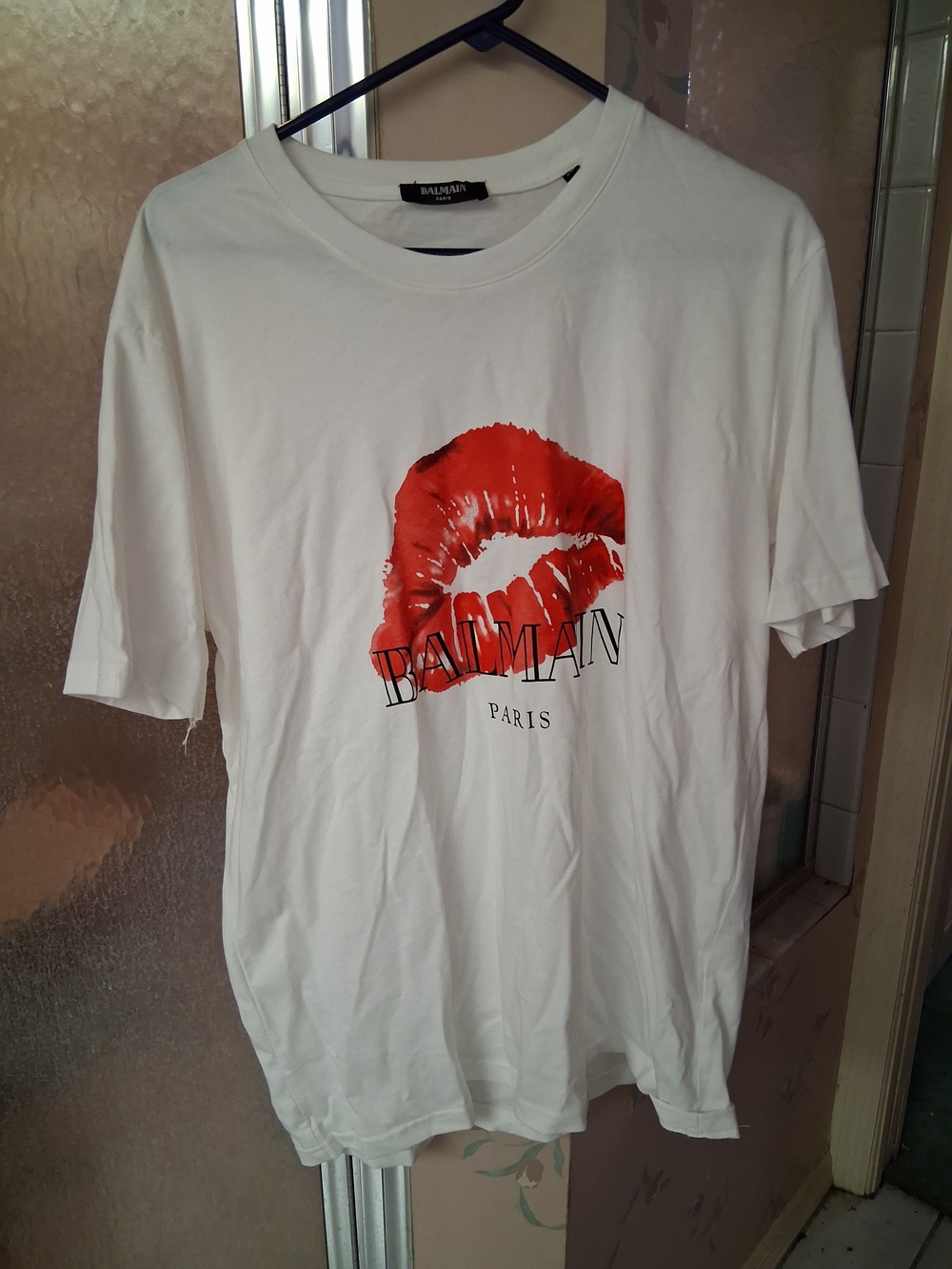 Balmain White Short Sleeve Tee with Red Lip Print 2XL